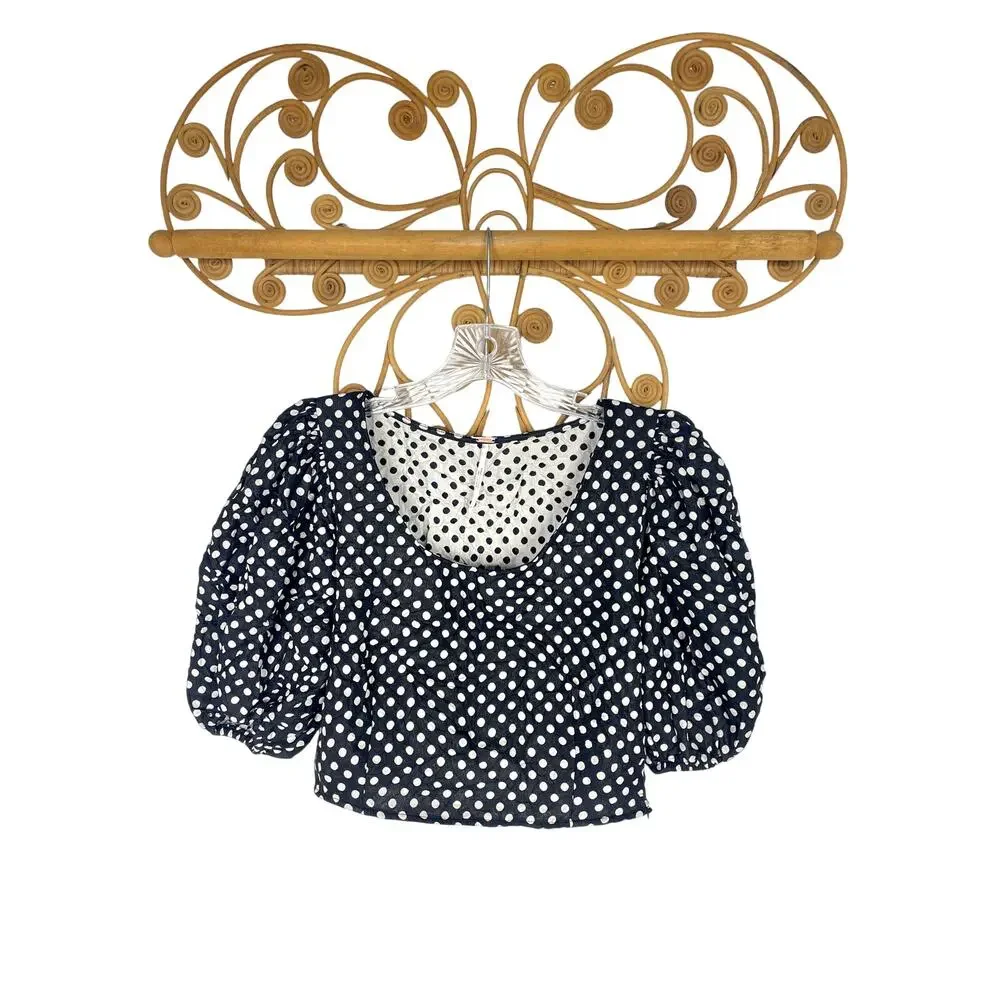 NEW Free People Polka Puff Sleeve Crop Top Black 6